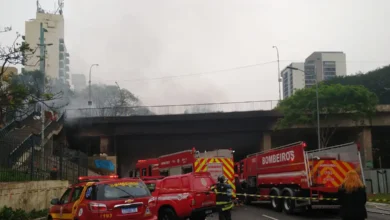 Incêndio em viaduto causa transtorno no trânsito da Av 23 de Maio em São Paulo