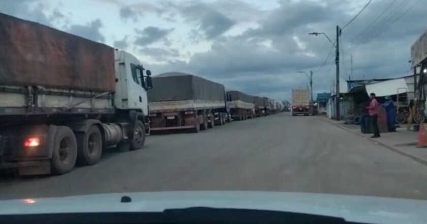 Fila de caminhões estacionados à margem de rodovia.