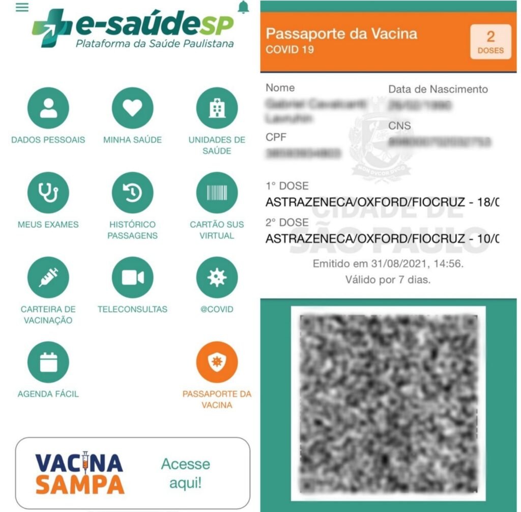 Imagem mostra montagem com o passaporte da vacina dentro do aplicativo da prefeitura de São Paulo