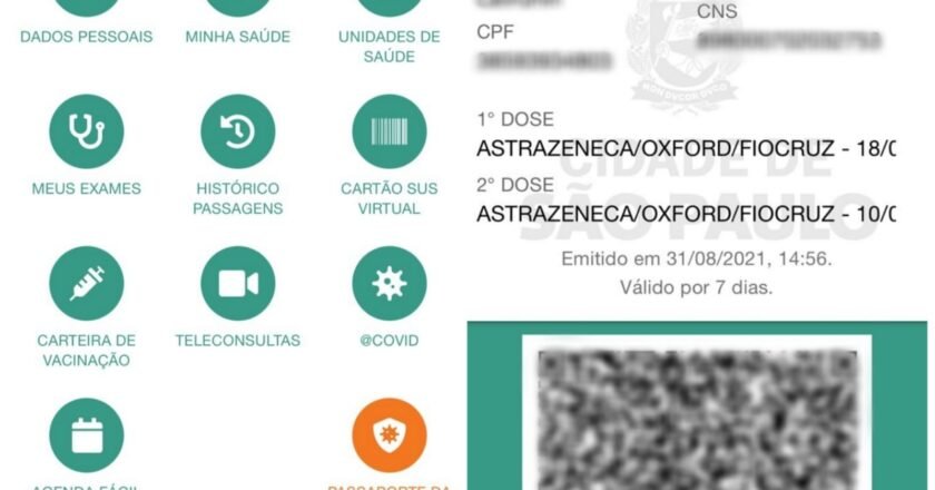 Imagem mostra montagem com o passaporte da vacina dentro do aplicativo da prefeitura de São Paulo
