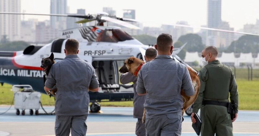 Bombeiros caminhando na direção do helicóptero. Um deles carrega no colo um cão de faro, que será usado nas buscas.