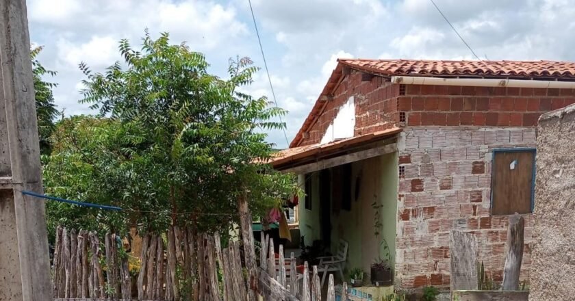 Foto mostra parte de fora de uma casa em Canindé, ceará, com paredes sem reboco. É possível ver também uma árvore em frente a casa e uma cerca de madeira.