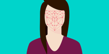 Desenho ilustrativo mostra mulher, de cabelos médios escuros, com fios caídos no ombro direito. Rosto traz traços em vermelho representando a identificação por meio de pontos do rosto da pessoa.