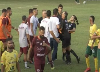 Imagem mostra bandeirinha com a mao no rosto logo após ser agredida. O técnico aparece em meio a jogadores aglomerados próximo ao árbitro.