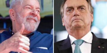 Montagem mostra Lula do lado esquerdo da imagem fazendo sinal de jóia. Já do lado direito está Bolsonaro, com rosto sério.
