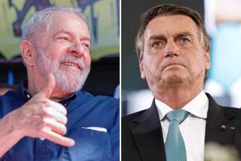 Montagem mostra Lula do lado esquerdo da imagem fazendo sinal de jóia. Já do lado direito está Bolsonaro, com rosto sério.