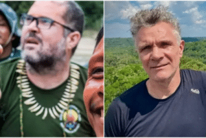 Montagem de duas fotos mostra do lado esquerdo Bruno Pereira, com colar típico de índio no pescoço, e Dom Phillips à direita com floresta ao fundo.