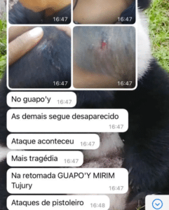 Print mostra tela de celular com mensagens trocadas entre indígenas e fotos de um menor atingido de raspão na cabeça.