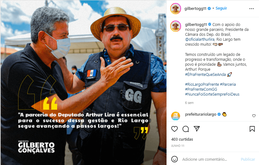 Print mostra post feito em rede social em que Arthur Lira aparece ao lado de Gilberto Gonçalves.