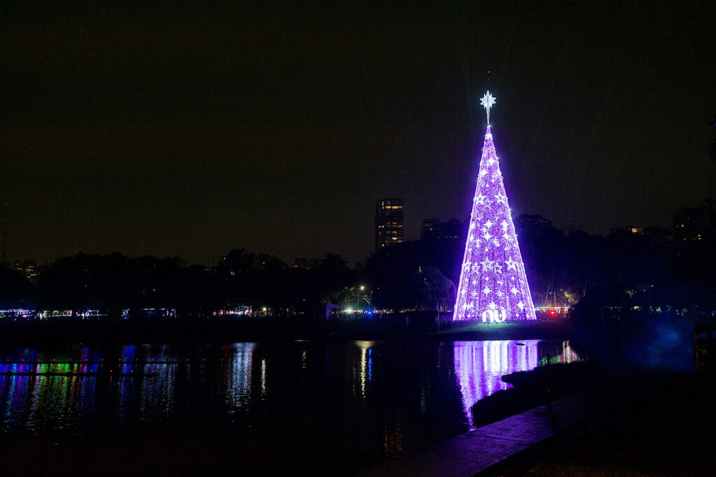 Maior árvore de Natal de São Paulo é inaugurada com 57 metros de altura no Parque Ibirapuera